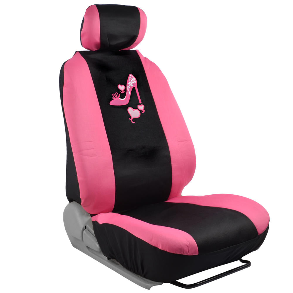 BDK 12-Piece Hot Pink Heels Front Seat Covers, Rear Seat Covers, Seat Belt Pads, and Steering Wheel Cover (Fits 14.5" - 15.5")