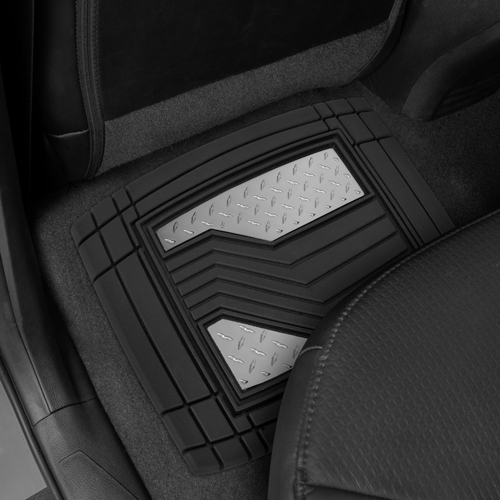 CAT 4-Piece Two-Tone Metallic-Look Front Floor Mats and Rear Floor Mats - Heavy Duty, All Weather, Trim to Fit