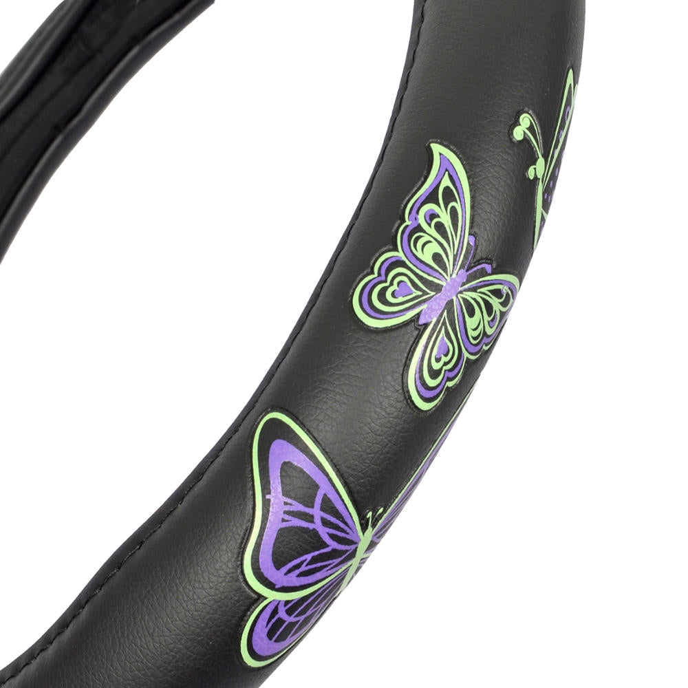 BDK GripGrab Comfort Grip Purple/Green Butterflies Steering Wheel Cover (Fits 14.5" 15.5")