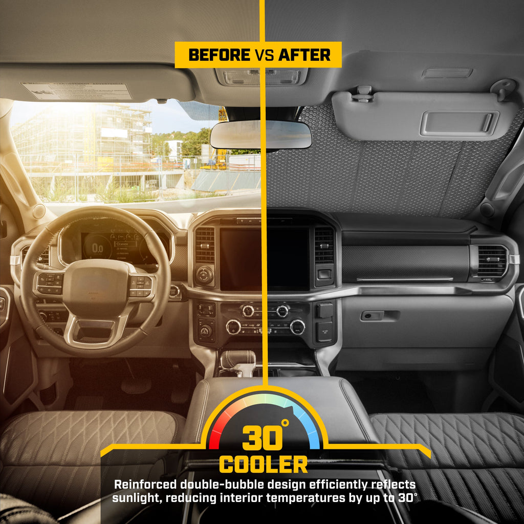 CAT Auto Shade for Cars & Trucks – Jumbo 65"x27" Accordion Folding Sunshade with Bold Yellow Tire Tracks Design – Heavy-Duty Windshield Cover for Maximum UV Protection & Interior Cooling