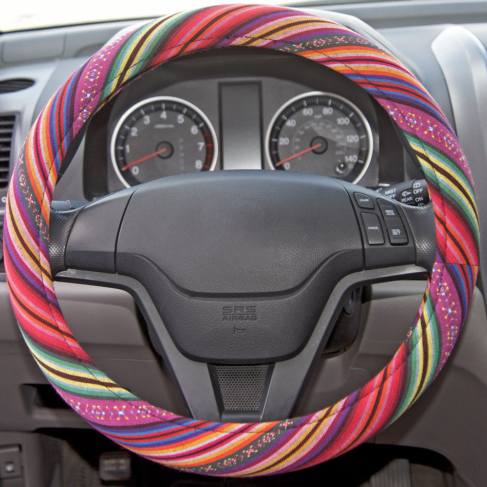 BDK Pink Woven Boho Bohemian Steering Wheel Cover (Fits 14.5" - 15.5")