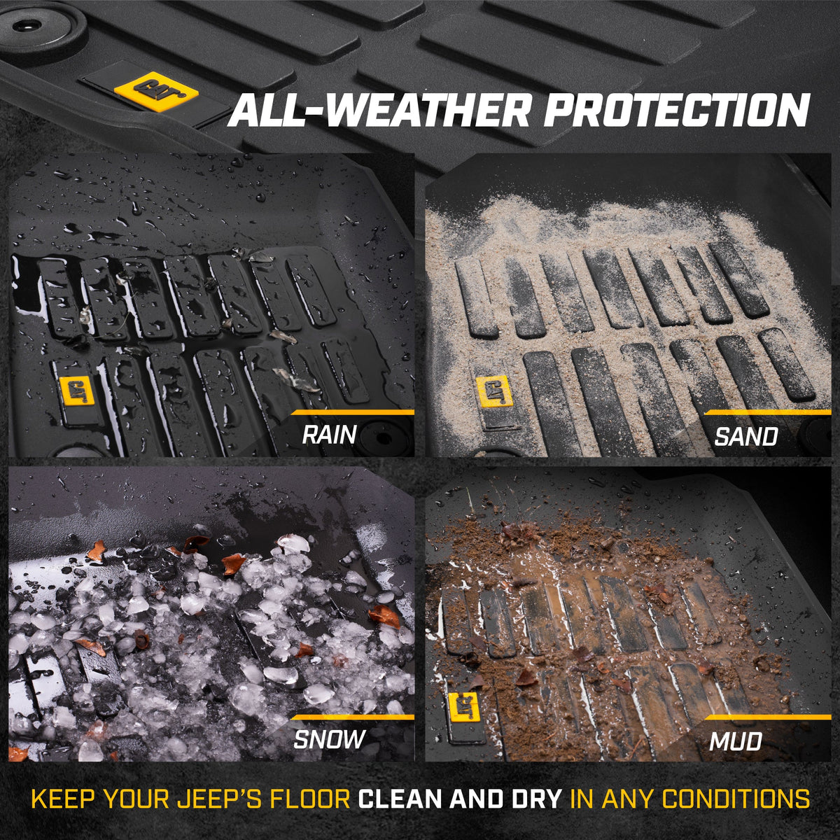 CAT 3-Piece JustFit 3D Floor Liner Mats for Jeep Wrangler 4WD (2018 - 2026) - All Weather, Heavy Duty, Custom Fit