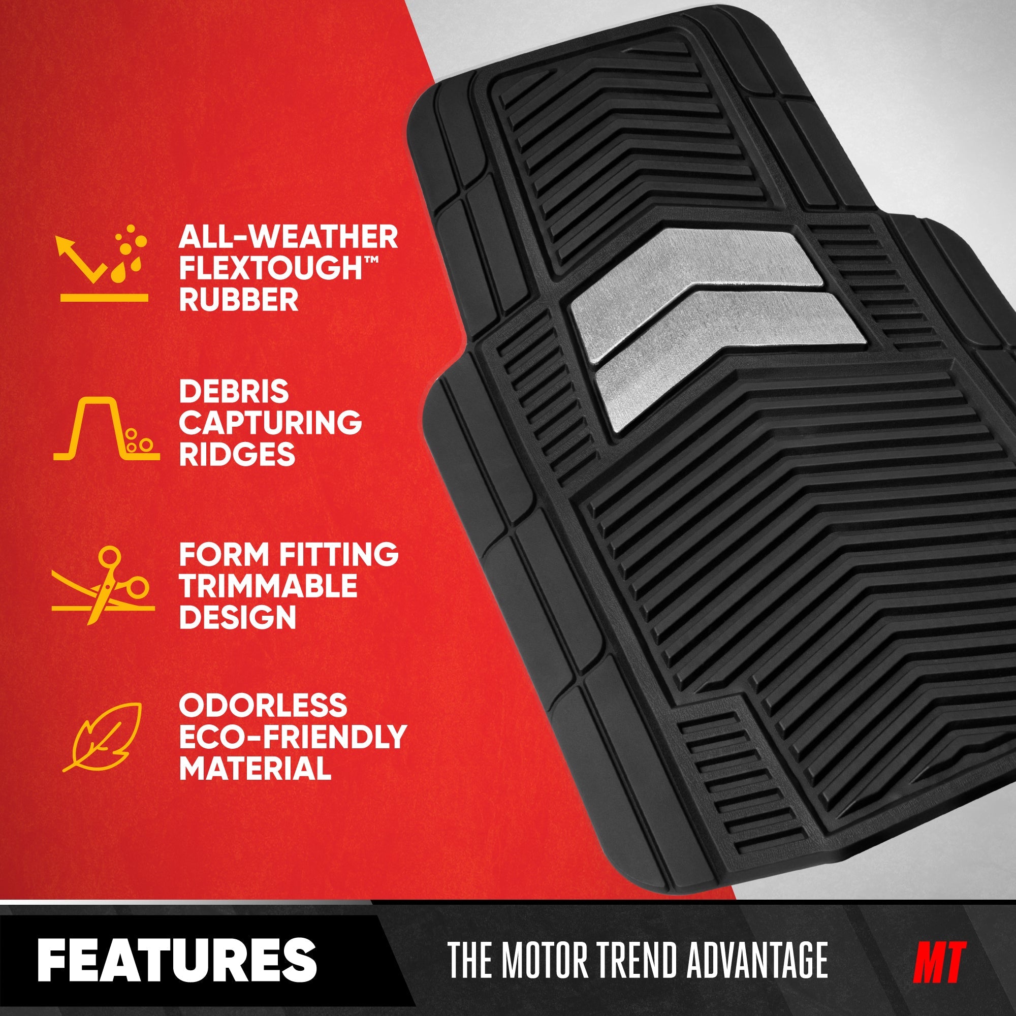 Motor Trend FlexTough Shield Black & Silver All-Weather Floor Mats for Cars, Trucks & SUVs – Heavy Duty Waterproof Rubber Car Mats, Universal Trim to Fit Automotive Accessories for Car Interior Protection, Front & Rear Floor Liners