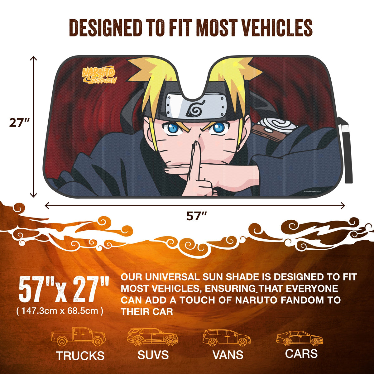 Naruto Shippuden Officially Licensed Windshield Sun Shade - Car Sun Shade Fits Most Autos, Trucks, SUV, & Van - Akatsuki Naruto Merch & Anime Accessories for Cars - Sunshade Car Windshield - 57" x 27"