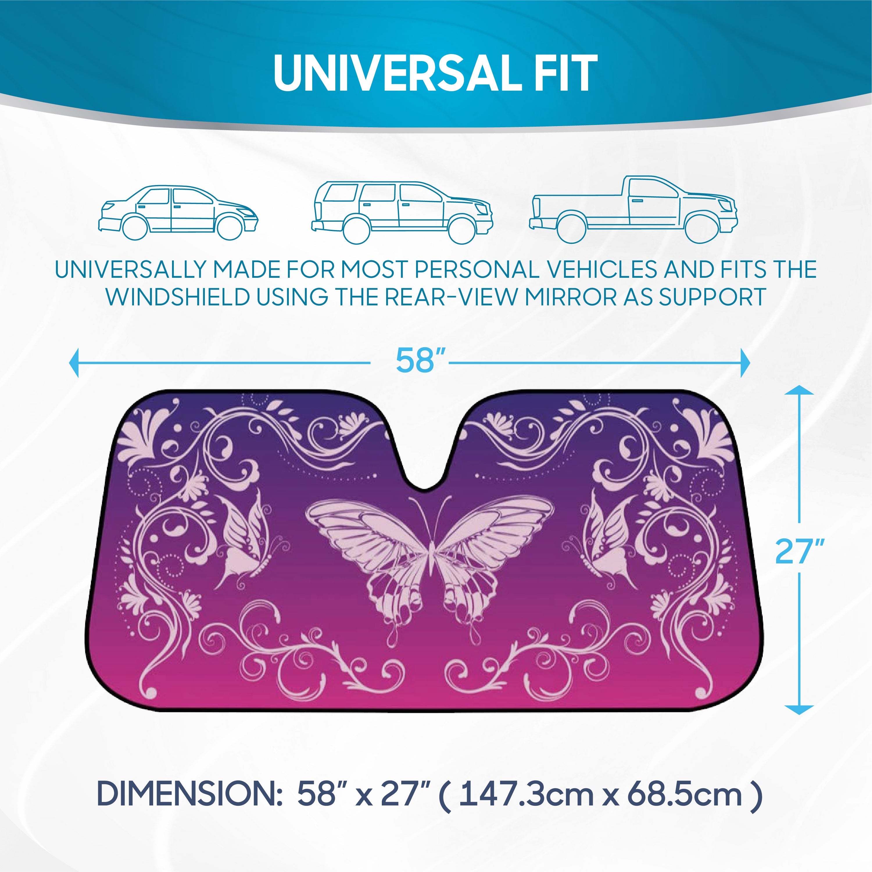BDK Pink/Purple Butterfly Front Windshield Sunshade (58" x 27")