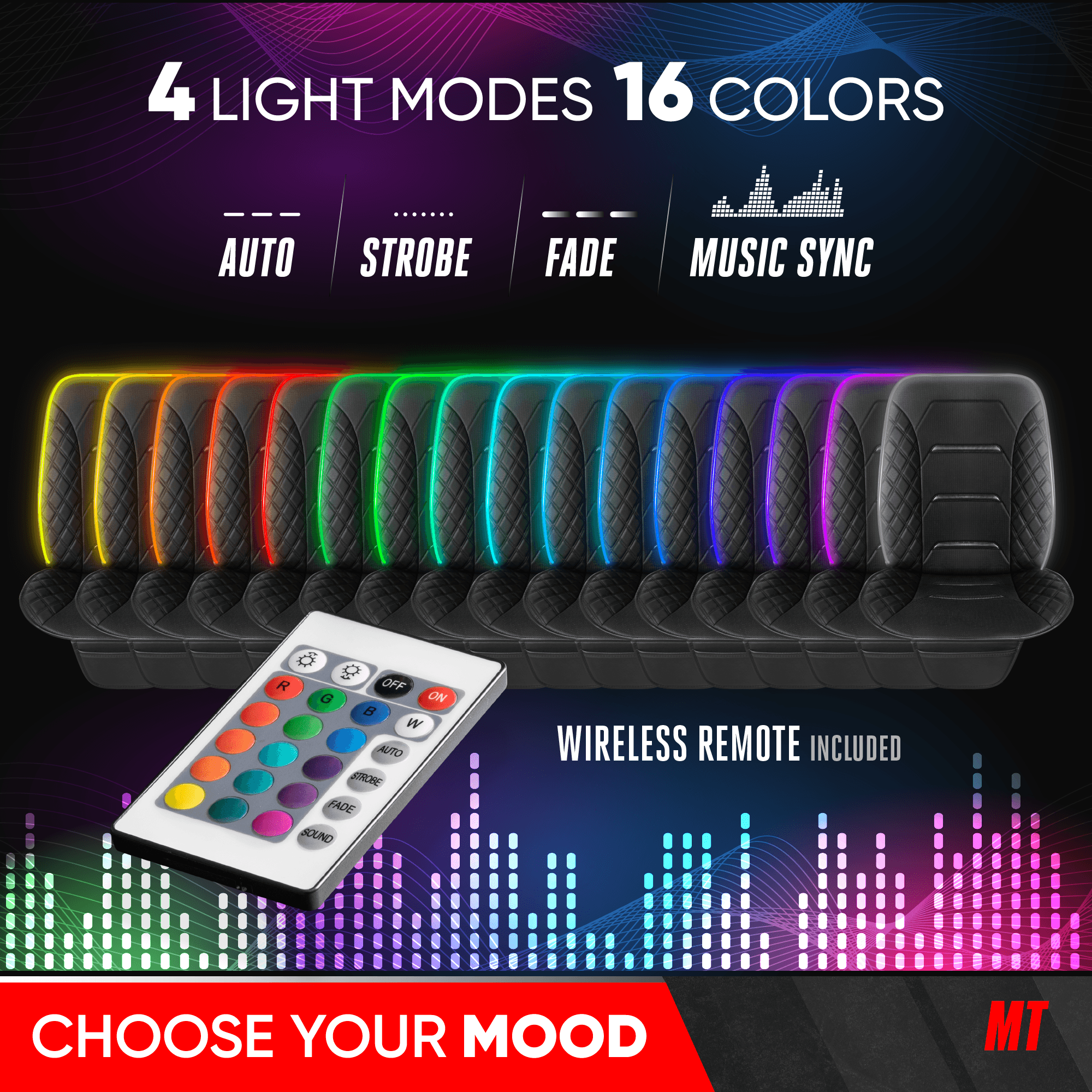 MotorTrend 2-Piece LED Front Seat Cover - 16 Colors & 4 Light Modes