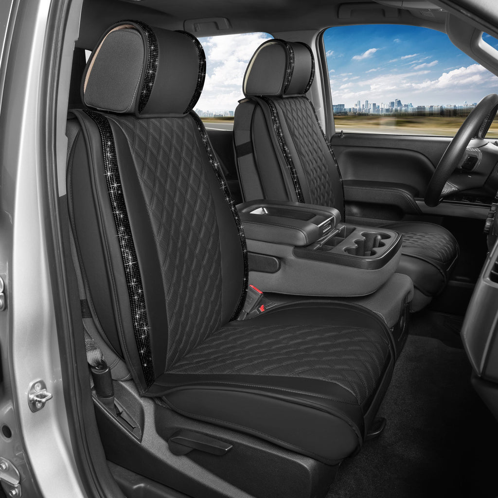 BlingStitch™ Car Seat Covers for Front Seats - Luxurious Vegan Leather Seat Covers for Cars with Black Bling Crystals, Premium Automotive Seat Covers for SUV, Trucks, Car Bling Luxury