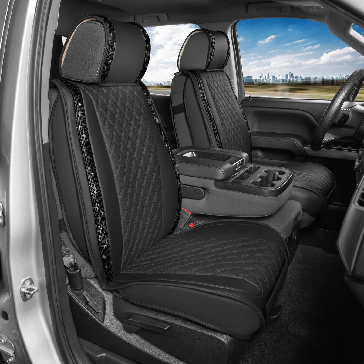 BlingStitch™ Car Seat Covers for Front Seats - Luxurious Vegan Leather Seat Covers for Cars with Black Bling Crystals, Premium Automotive Seat Covers for SUV, Trucks, Car Bling Luxury