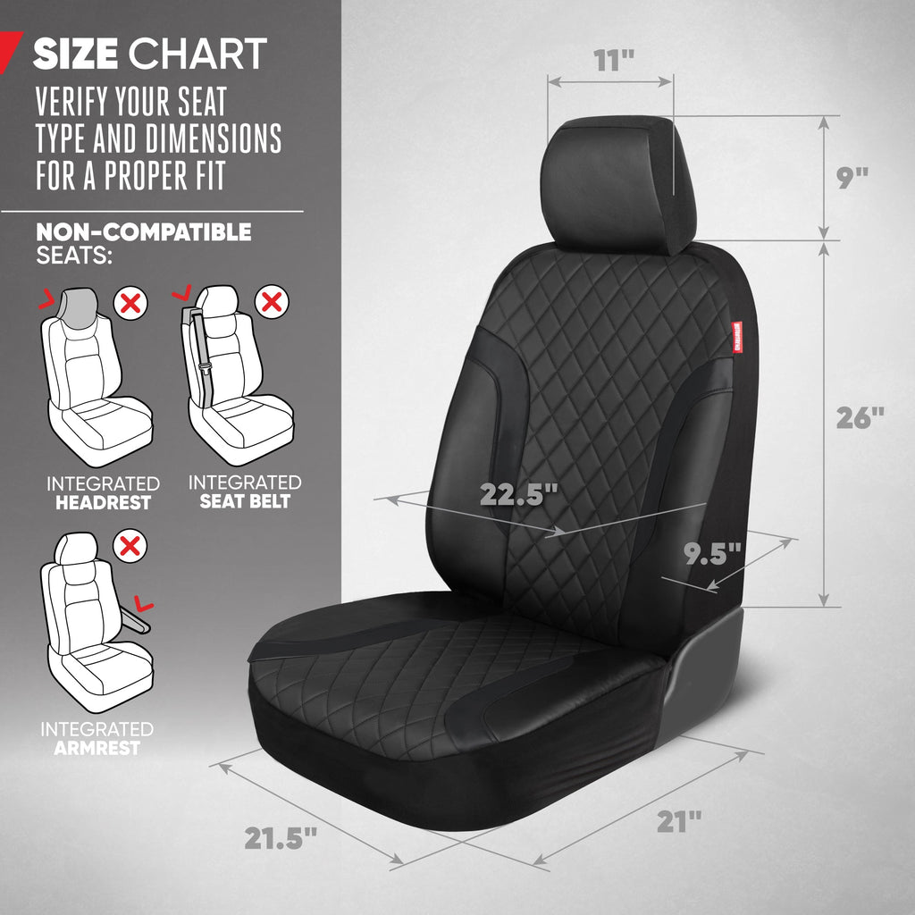 Motor Trend Faux Leather Seat Covers For Trucks, Cars, & SUV - Front Black Car Seat Cover Set - Universal Fit For Most Automotives - Forros Para Asientos De Carro - CarSeat Covers Accessories