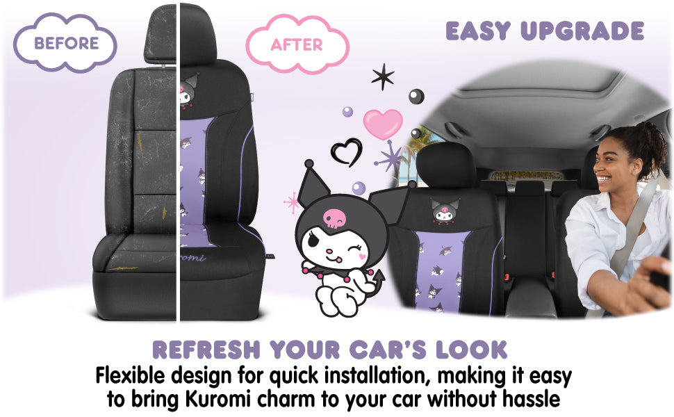 Hello Kitty Kuromi Car Seat Cover - Cute Black and Purple Front Seat Cover with Lavender Accents, Durable and Comfortable Polyester, Car Accessories Hello Kitty Accessories 1pc