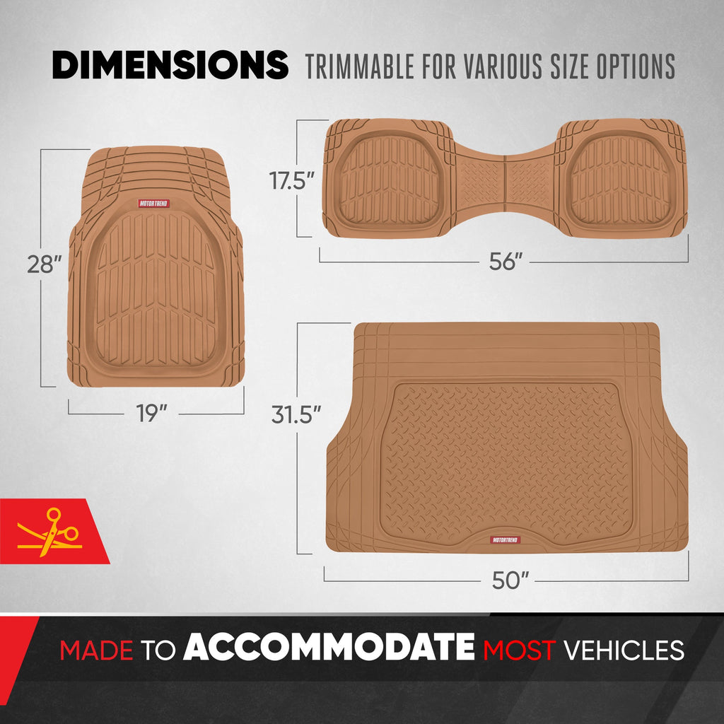 MotorTrend 4-Piece FlexTough Deep Dish Front Floor Mats, Rear Floor Mat, and Trunk/Cargo Mat - Heavy Duty, All Weather, Trim to Fit