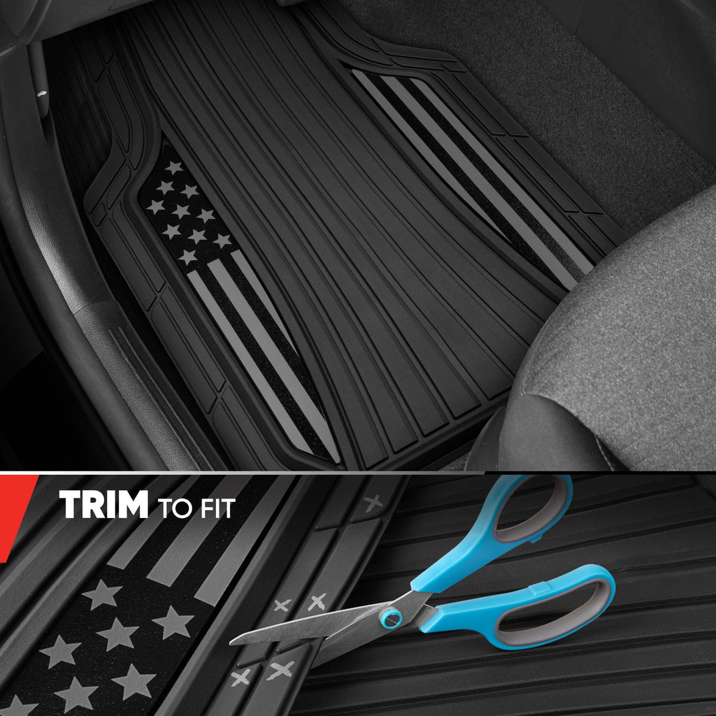Motor Trend Flag Floor Mats Full Set - Durable Black Rubber Car Floor Mats for Trucks Cars SUV with Two Tone Accent, All Weather Interior Protection for Front and Rear with Non-Slip Backing, Black Gloss - Flag Black/Gray