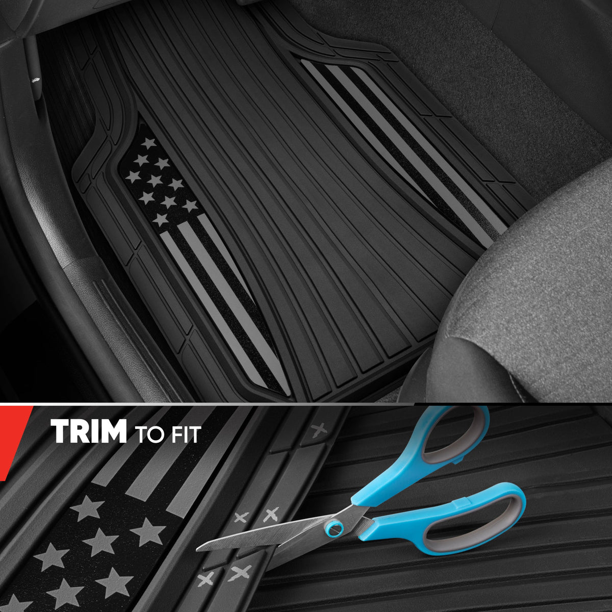 Motor Trend Flag Floor Mats Full Set - Durable Black Rubber Car Floor Mats for Trucks Cars SUV with Two Tone Accent, All Weather Interior Protection for Front and Rear with Non-Slip Backing, Black Gloss - Flag Black/Gray