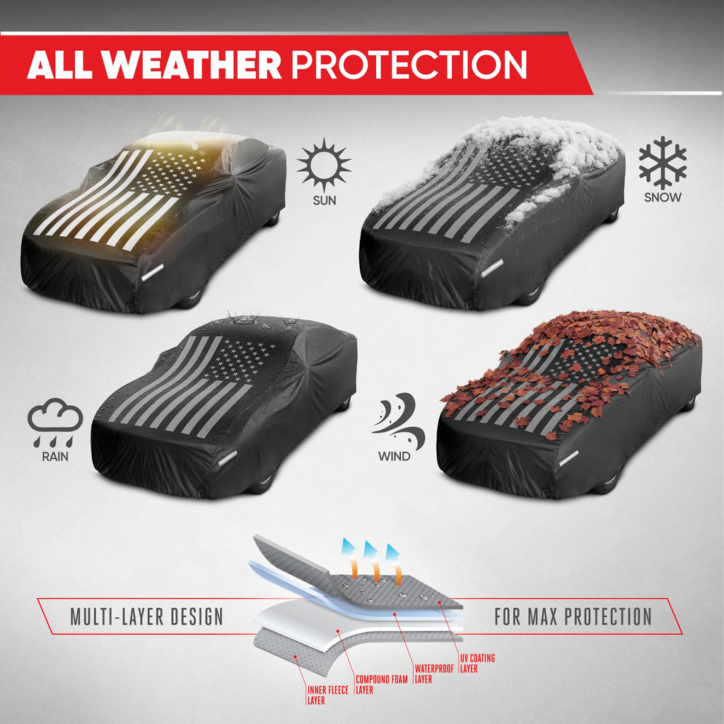 Motor Trend Black USA Flag Waterproof Car Cover - All Weather Outdoor Protection, UV Resistant, Windproof, Scratchproof - Semi-Universal Fit Sedan Full Car Cover for Sun Rain Snow (191"- 210" Length)