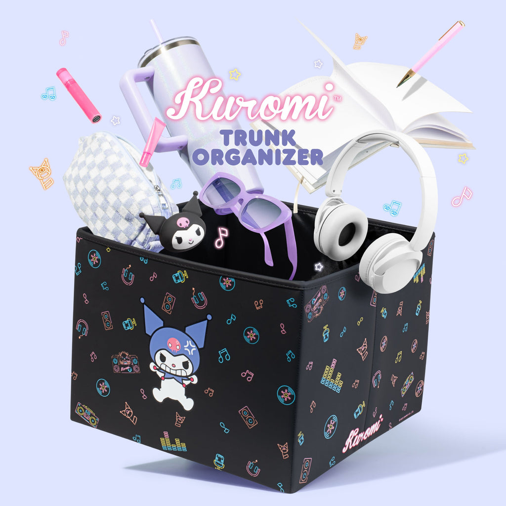 Sanrio Kuromi Car Trunk Organizer and Storage Bin - Collapsible Compartment, Heavy Duty, Fold Up for Easy Storage, Automotive Seat Cargo for Groceries Tools - 12.5L x 12.5W x 9H