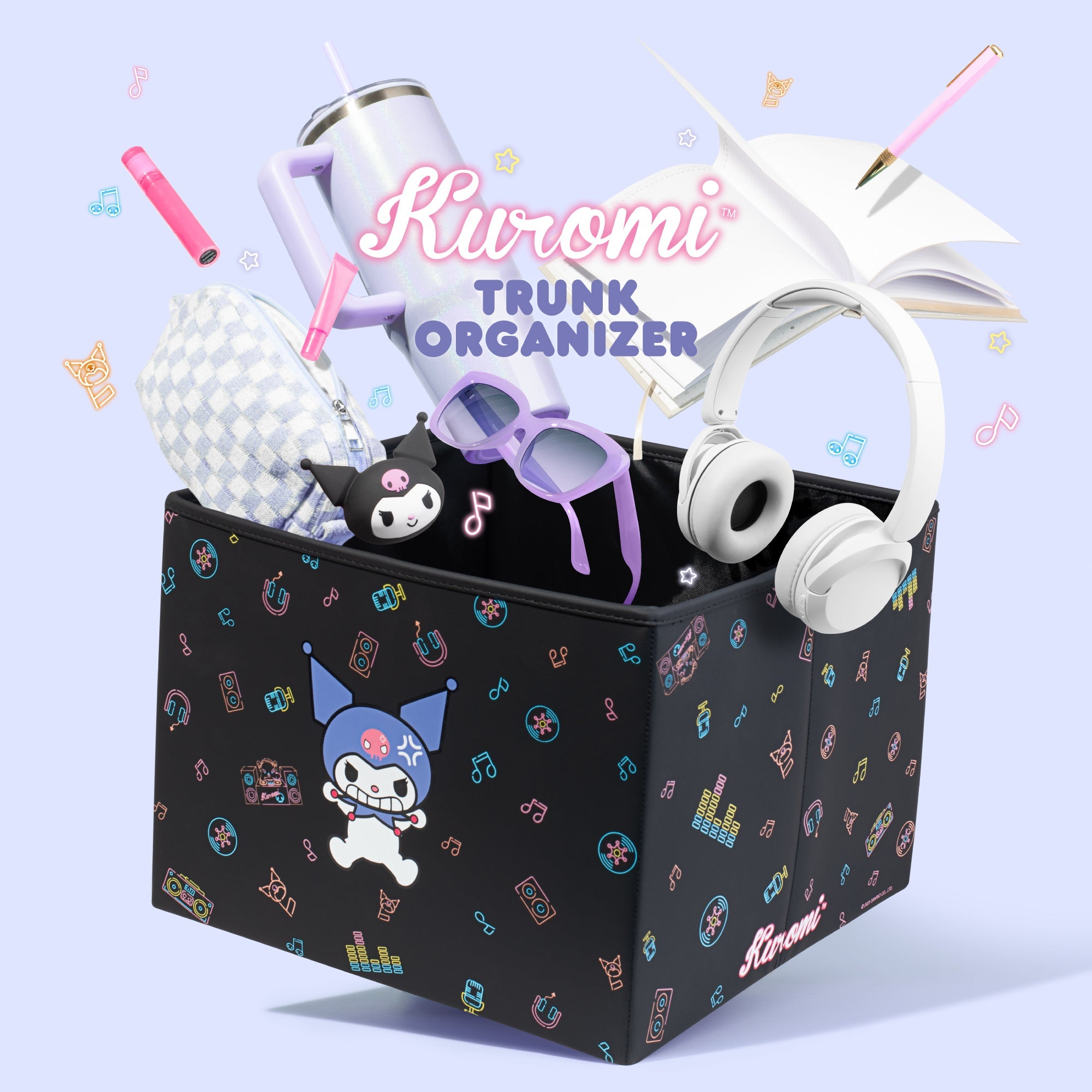 Sanrio Kuromi Car Trunk Organizer and Storage Bin - Collapsible Compartment, Heavy Duty, Fold Up for Easy Storage, Automotive Seat Cargo for Groceries Tools - 12.5L x 12.5W x 9H