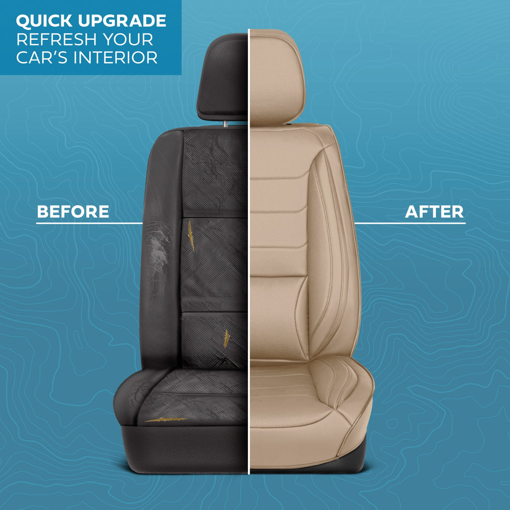 MotorBox Elite Edition Faux Leather Seat Covers for Cars, Trucks, & SUV - 2 Beige Car Seat Covers for Front Seats - Universal Fit Car Accessories Automotive Interior Cover Protector for Most Vehicles
