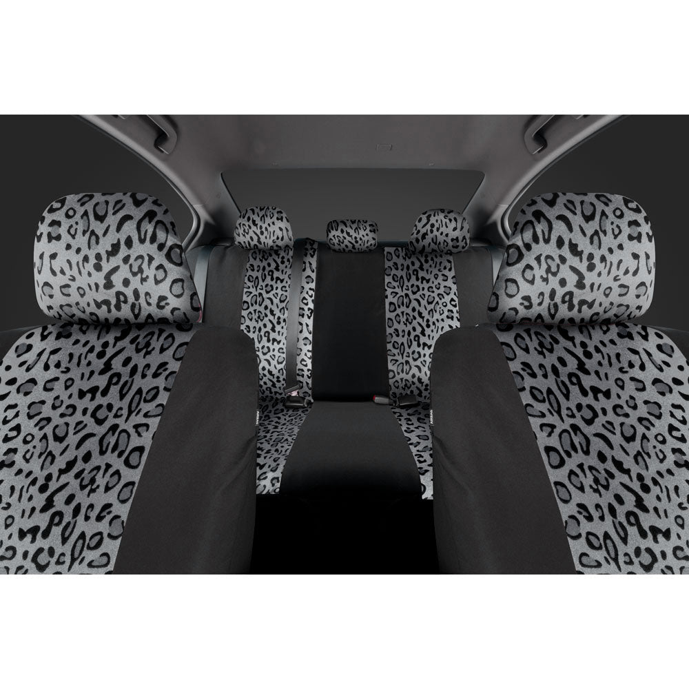 BDK 12-Piece Silver Leopard Front Seat Covers, Rear Seat Covers, Seat Belt Pads, and Steering Wheel Cover (Fits 14.5" - 15.5")
