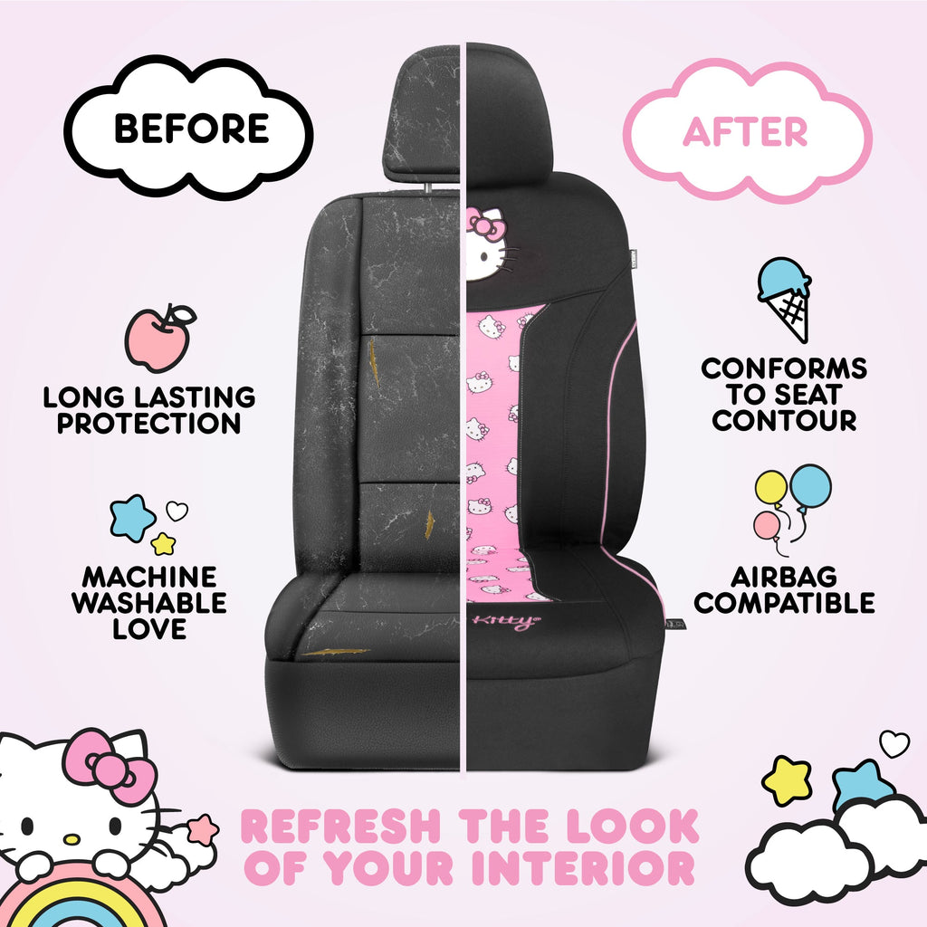 Hello Kitty Car Seat Cover - Cute and Durable Pink Front Seat Cover, Adorable Hello Kitty Design, Comfortable and Long-Lasting Polyester, Car Accessories Gift Hello Kitty Accessories 1pc Black/Pink
