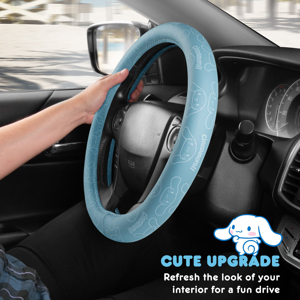 Cinnamoroll Steering Wheel Cover, Official Sanrio Car Steering Wheel Cover with Universal Size 14.5 - 15.5, Cute Blue Steering Wheel Cover for Women, Cinnamoroll Car Accessories (Cinnamoroll Blue Monogram)