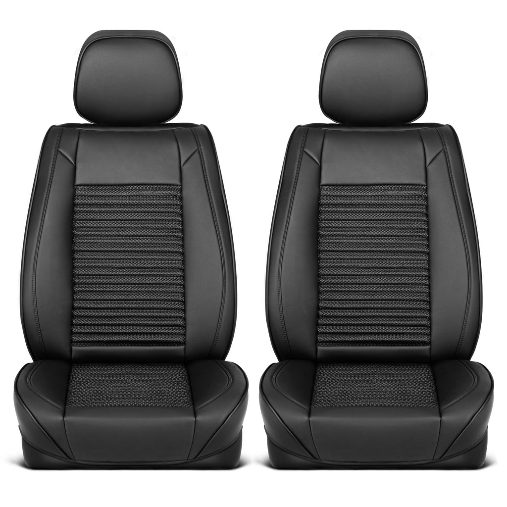 MotorBox Elite Edition Faux Leather & All Weather Wicker Seat Covers for Cars, Trucks, & SUV - 2 Black Car Seat Covers for Front Seats - Universal Fit Car Accessories Automotive Interior Protector