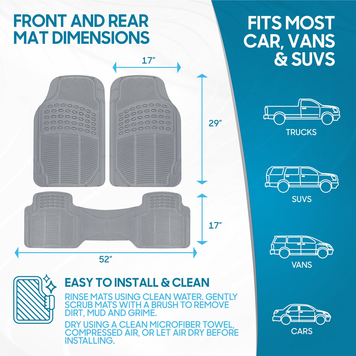 BDK 3-Piece ProLiner Front Floor Mats and Rear Floor Mats - Heavy Duty, All Weather, Trim to Fit