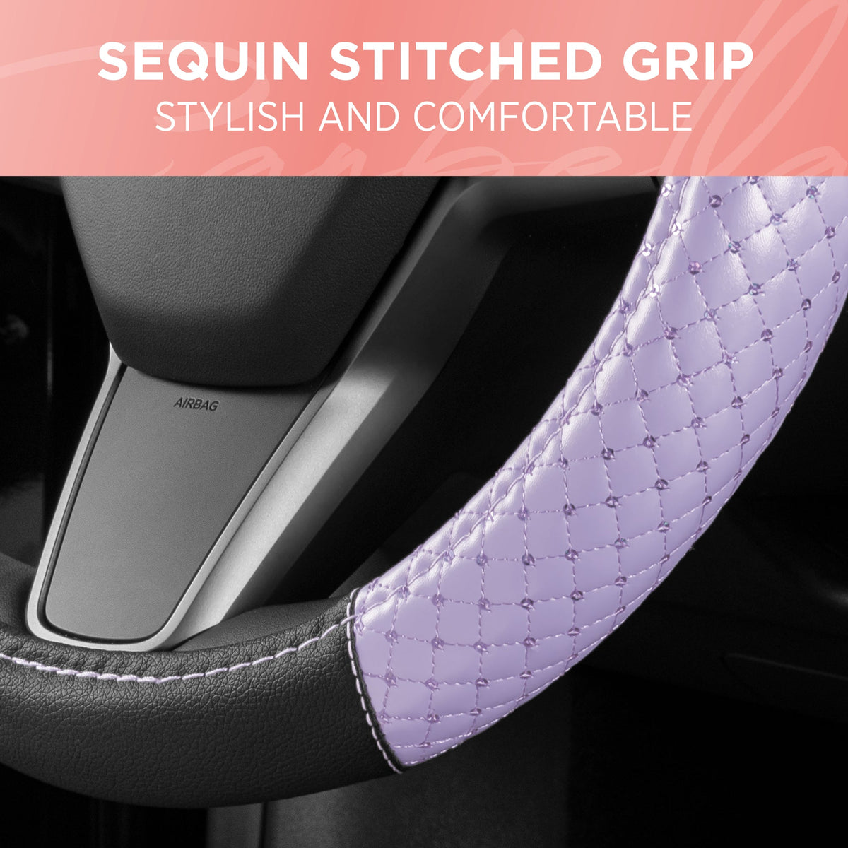 Carbella Pink Sequin Stitched with Crystals Steering Wheel Cover (Fits 14.5" - 15.5")