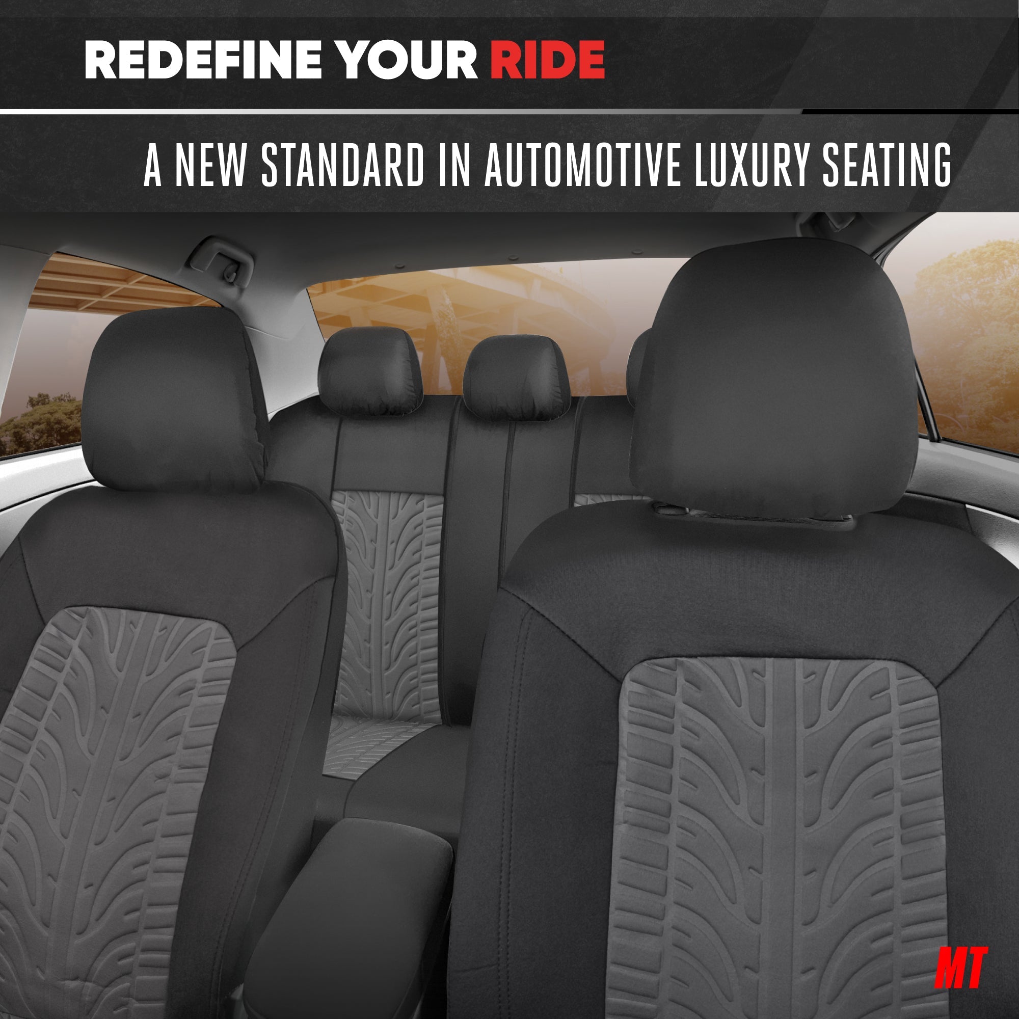 MotorTrend GrandPrix Tire Embossed Front Seat Covers and Rear Seat Covers - Gray