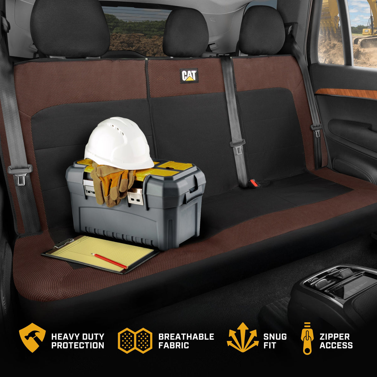 Cat Flexfit Brown & Black Rear Seat Cover for Car – Durable Canvas & Mesh Design 60/40 Split Bench Protector for Cars, Trucks & SUVs – Back Seat Cover for Rear Bench – Interior Car Accessory