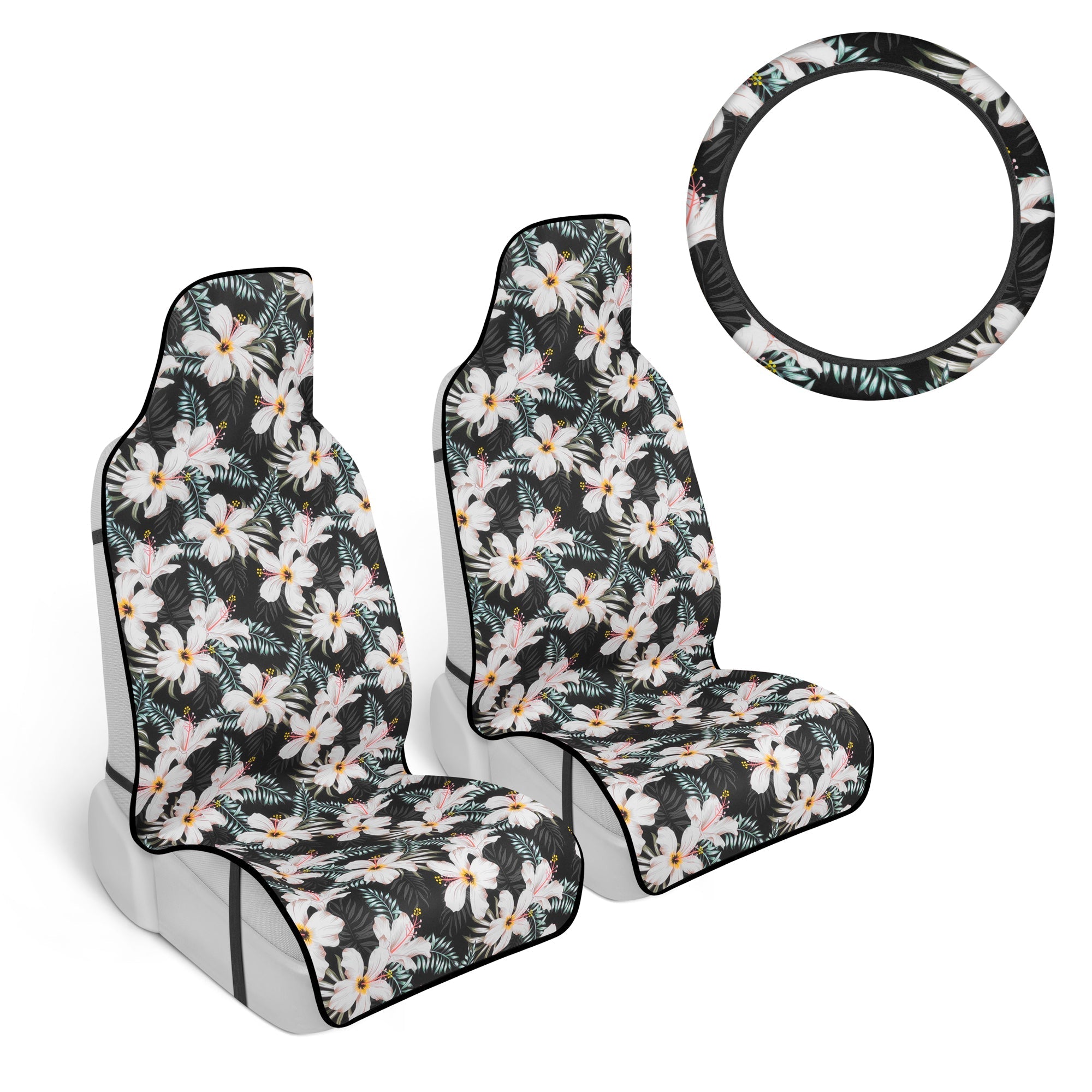 Carbella 3-Piece Tropical Flowers Front Seat Covers and Steering Wheel Cover (Fits 14.5" - 15.5")