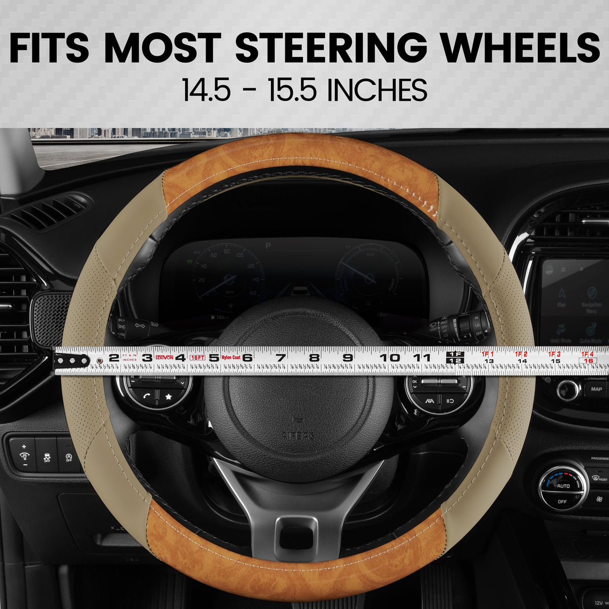 BDK Burlwood Pattern and Leatherette Sport Grip Steering Wheel Cover (Fits 14.5" - 15.5")