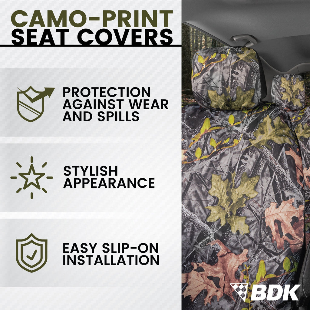 BDK Camo Car Seat Covers Full Set with Camo Car Floor Mats – Complete Interior Protection Set, Realistic Green Forest Camouflage Pattern, Camoflauge Interior Accessories for Auto Truck Van & SUV