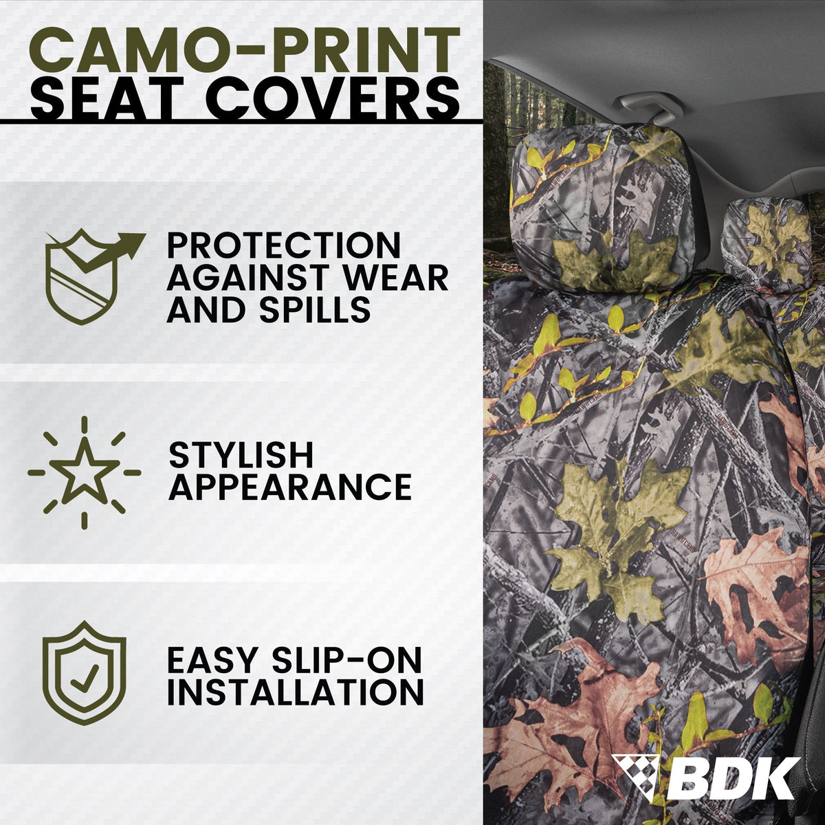 BDK Camo Car Seat Covers Full Set with Camo Car Floor Mats – Complete Interior Protection Set, Realistic Green Forest Camouflage Pattern, Camoflauge Interior Accessories for Auto Truck Van & SUV