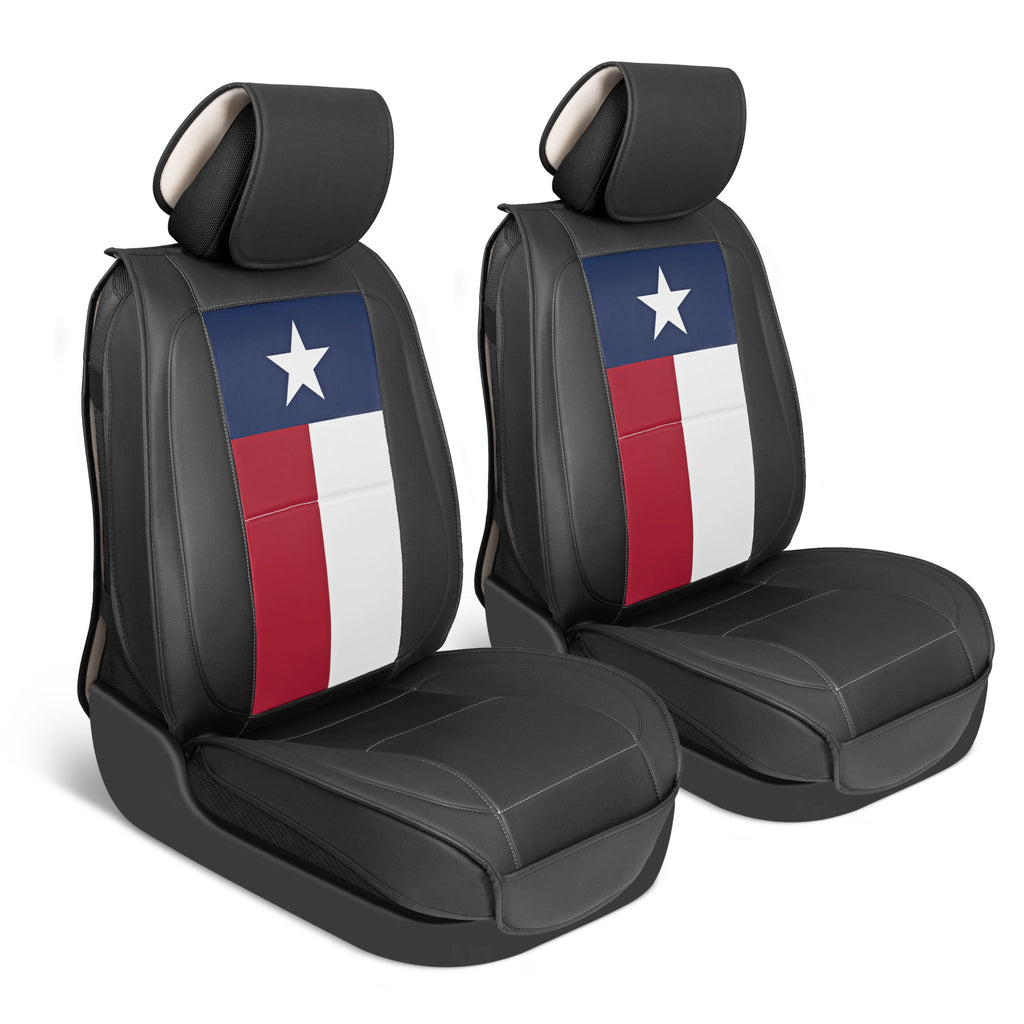 MotorBox Texas Edition Faux Leather Black & Flag Seat Covers for Car - Texas Flag on Cushioned Seat Protectors for Automotive Accessories, Trucks, SUV, Car - Two Front Covers
