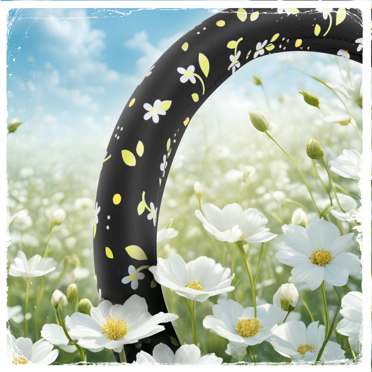 C&C California Car Steering Wheel Cover Floral Daisy Flowers, Non Slip Black Leather Steering Wheel Cover for Women Men, Cute Comfortable Soft Easy Installation Universal Fit (Fits 14.5"-15.5" Inches)