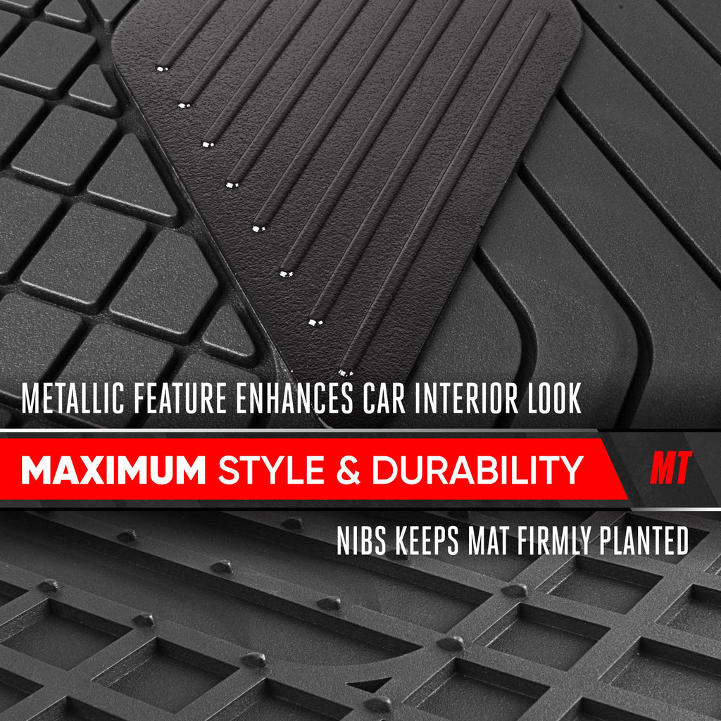 Motor Trend MetallicGuard Car Floor Mats Full Set - Durable Rubber Floor Mats with Black Metallic Heel Pad, All-Weather Interior Protection for Front and Rear with Non-Slip Backing