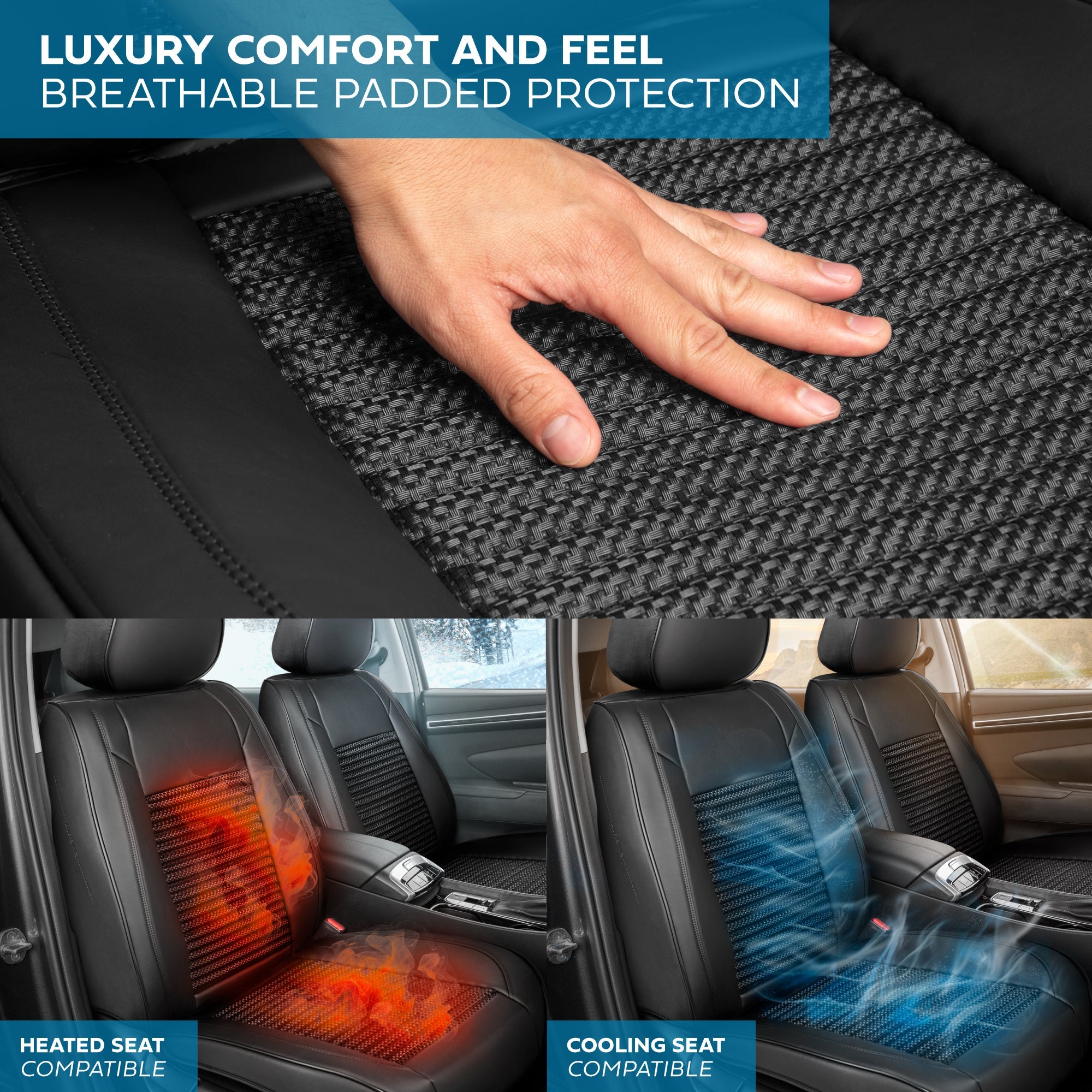 MotorBox Elite Edition Faux Leather & All Weather Wicker Seat Covers for Cars, Trucks, & SUV - 2 Black Car Seat Covers for Front Seats - Universal Fit Car Accessories Automotive Interior Protector