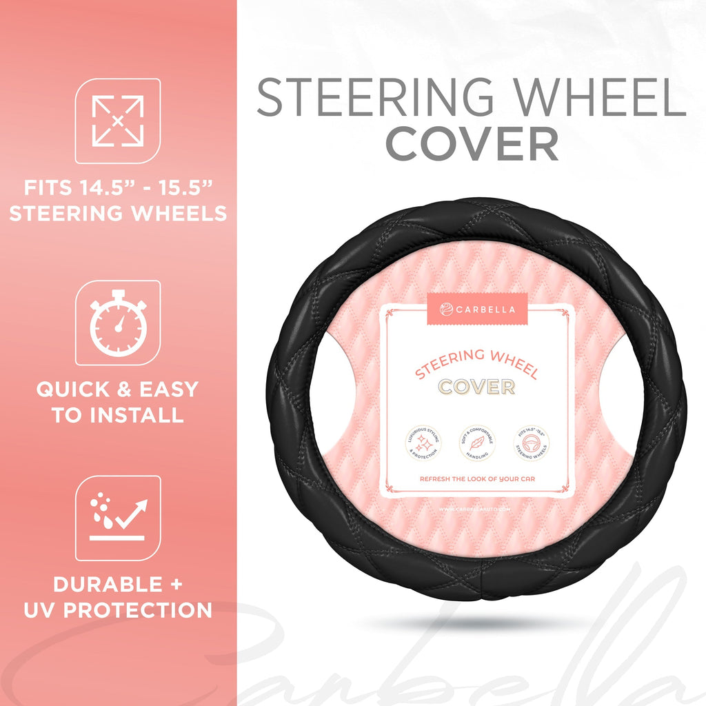 Carbella Black Stitched Leatherette Steering Wheel Cover (Fits 14.5" - 15.5")