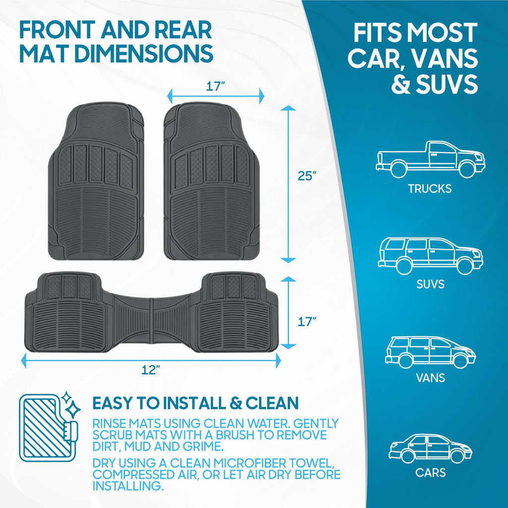 BDK 3-Piece Square Heel Pads Front Floor Mats and Rear Floor Mats - Heavy Duty, All Weather, Trim to Fit
