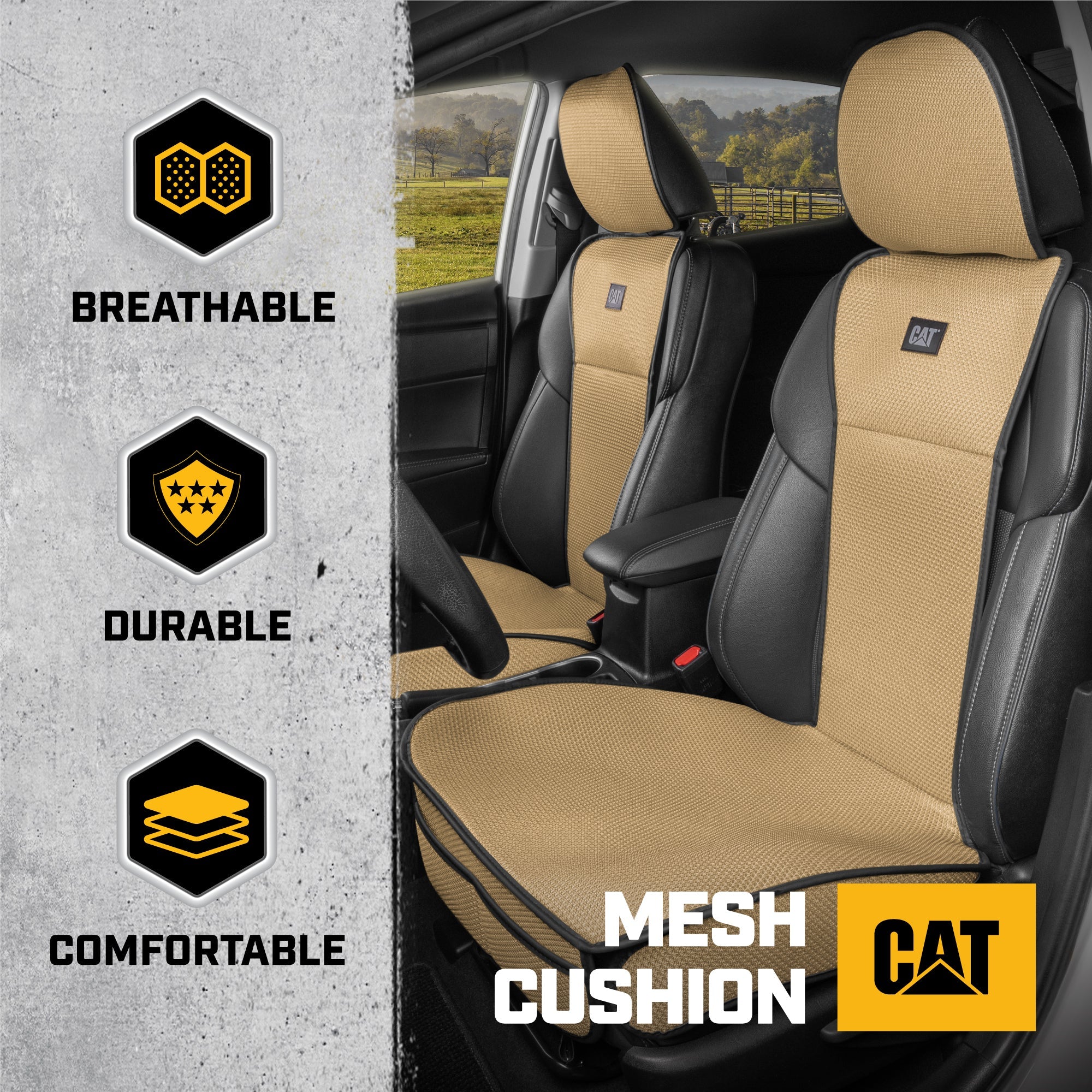 Caterpillar AeroMesh Beige Seat Covers for Trucks, Car, & SUV - (2) Front Truck Seat Cover Protector - Breathable Mesh Universal Fit Car Seat Covers - Automotive Seat Covers Top of Seat Protection