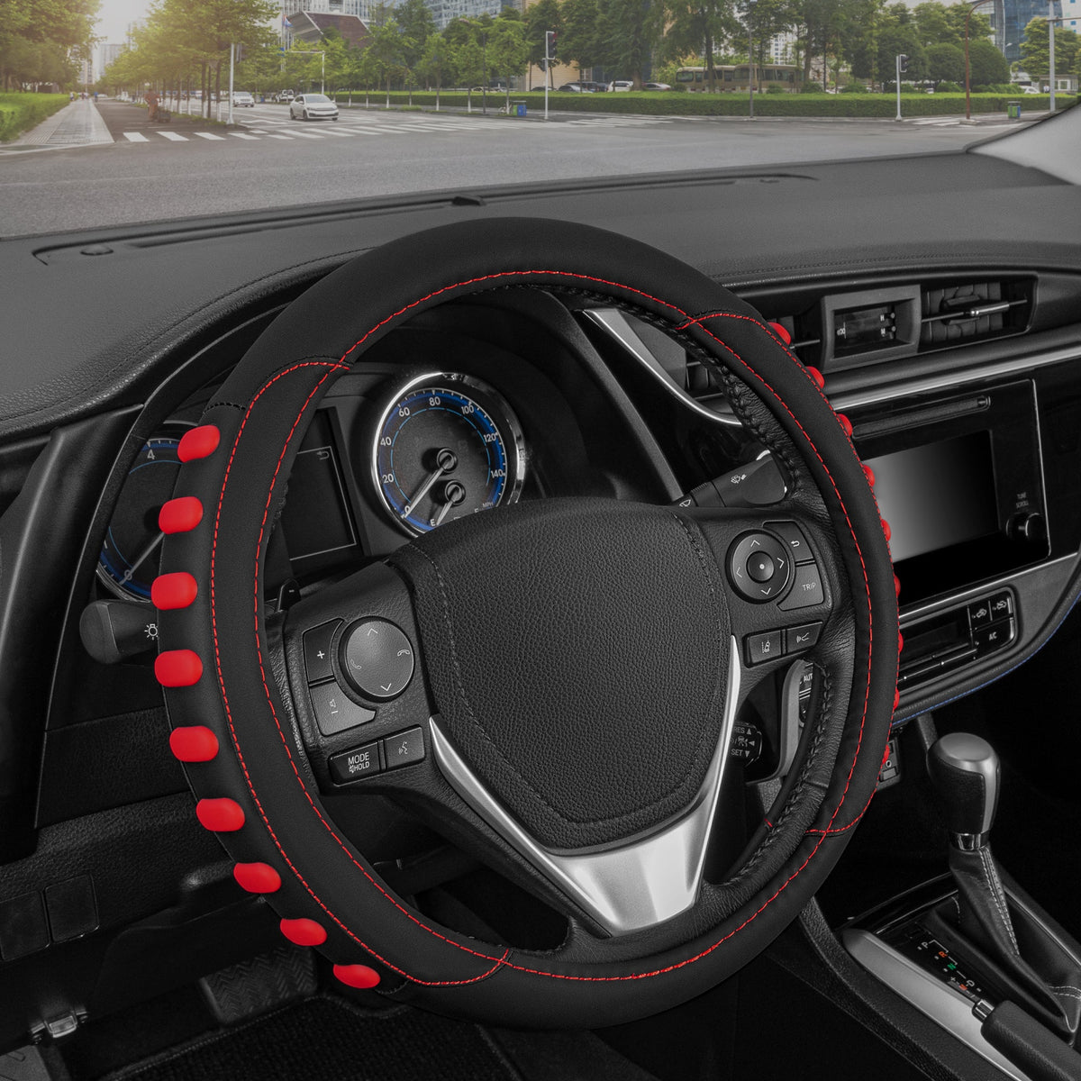 MotorTrend FlexGrip Steering Wheel Cover with Raised Bump Grips (Fits 14.5" - 15.5") - Red