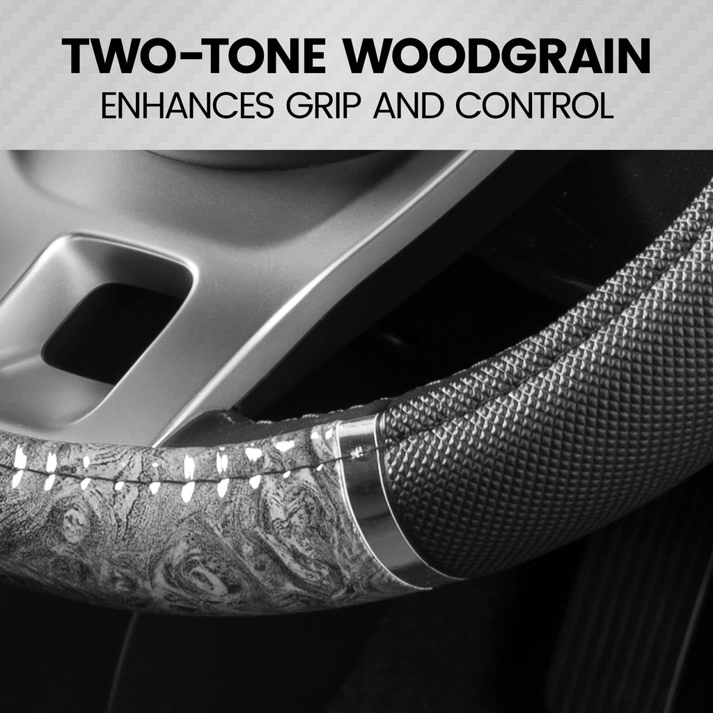 BDK Two-Tone Chrome Wood Grain Steering Wheel Cover (Fits 14.5" - 15.5")