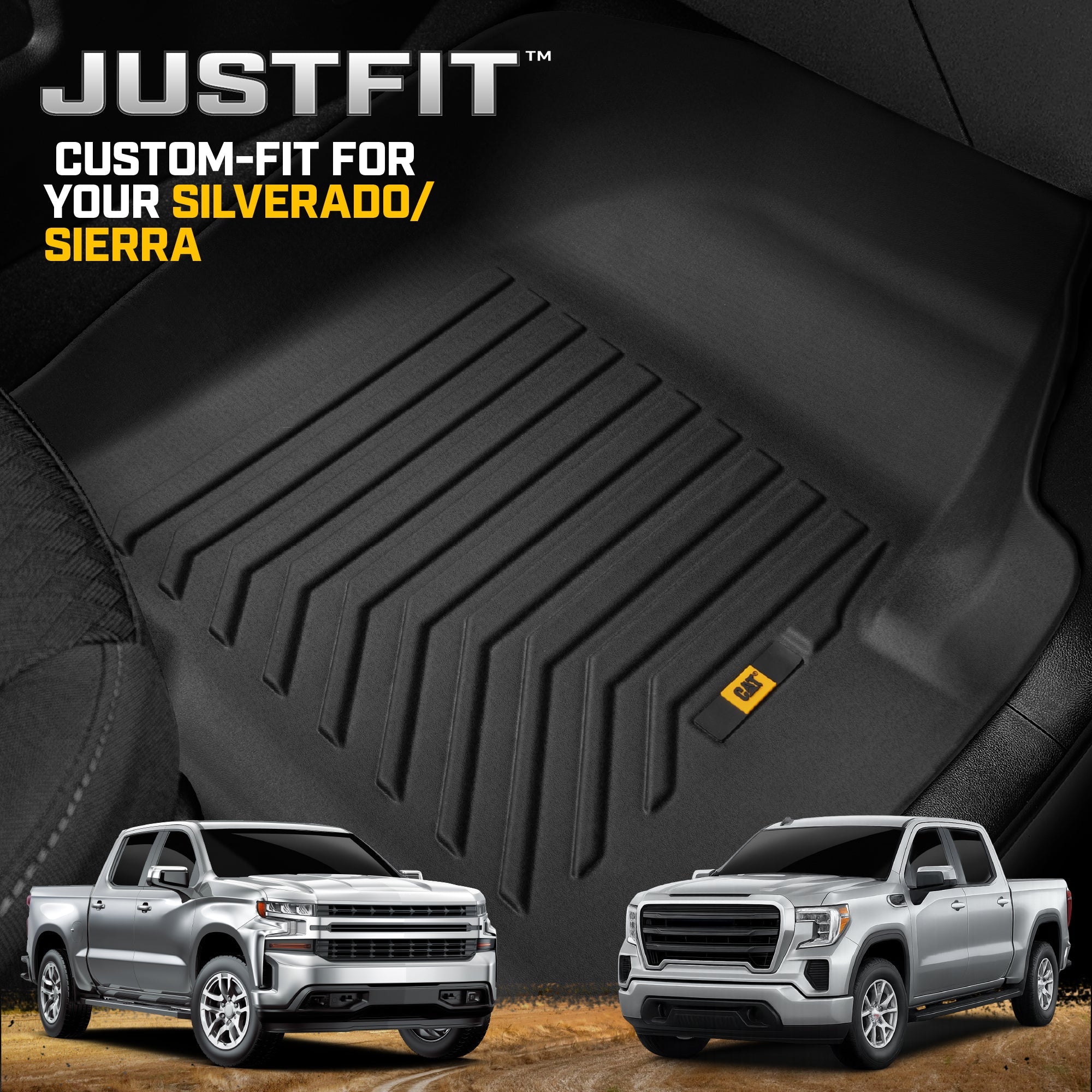 CAT® JustFit™ 3D Custom Fit Floor Mats Chevrolet Silverado 1500/GMC Sierra 2019-2026, Chevy Silverado 2500HD/3500HD Crew Cab/GMC Sierra 2500HD/3500HD Crew Cab 2020-26 Floor Liner Laser Measured Front
