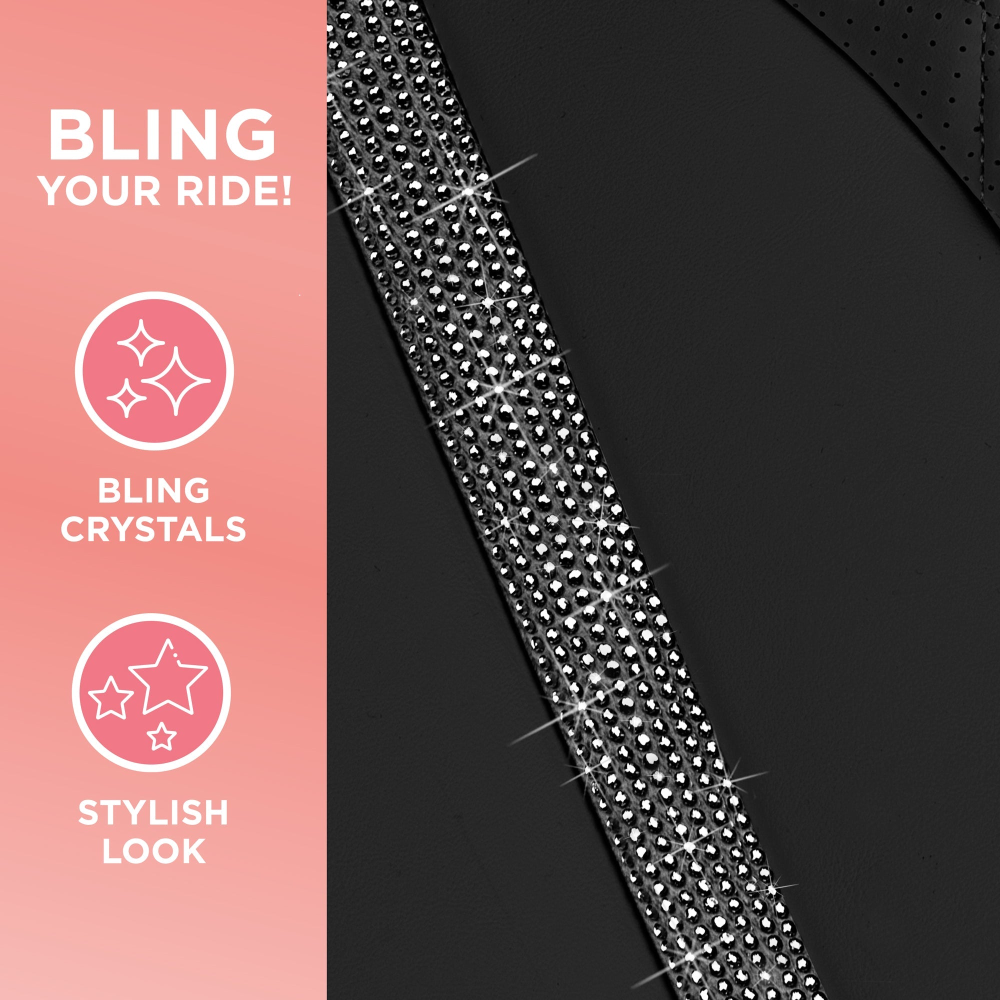 BlingStitch™ Car Seat Covers for Front Seats - Luxurious Vegan Leather Seat Covers for Cars with Black Bling Crystals, Premium Automotive Seat Covers for SUV, Trucks, Car Bling Luxury