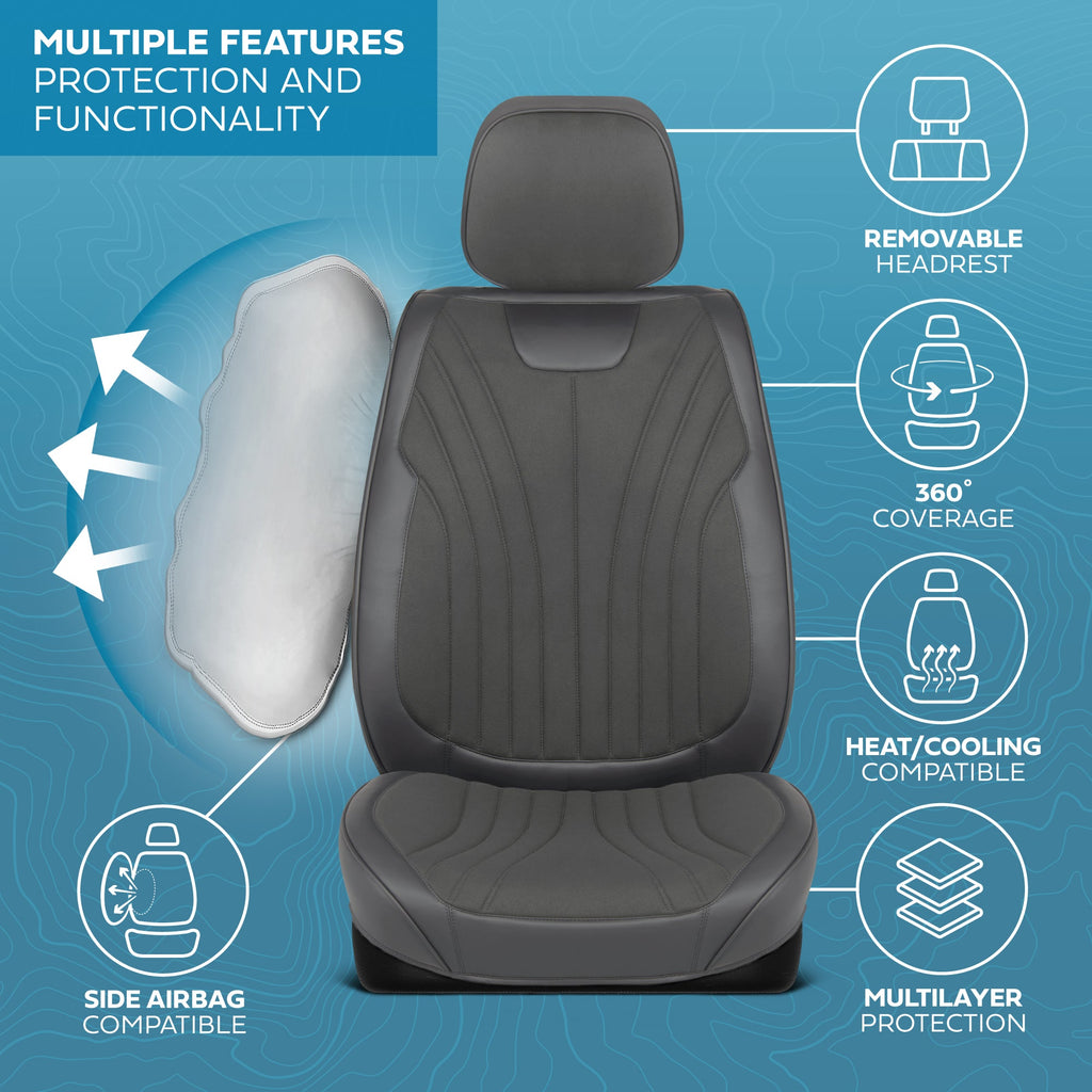 MotorBox Elite Edition Faux Leather & Suede Seat Covers for Cars, Trucks, & SUV - 2 Charcoal Car Seat Covers for Front Seats - Universal Fit Car Accessories Automotive Interior Protector for Cars