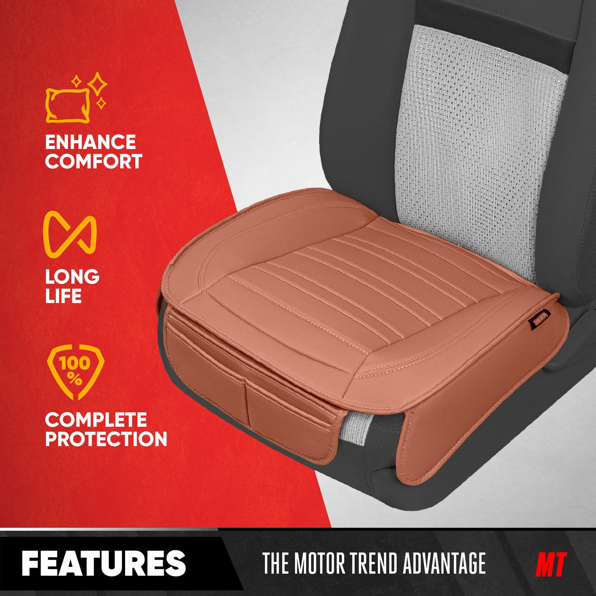 Motor Trend Faux Leather Front Seat Cover for Cars - Set of 2 Brown Front Car Seat Covers for SUV & Truck with Storage Pockets - Automotive Car Seats Cover Protector - For Bottom Cushion Coverage Only