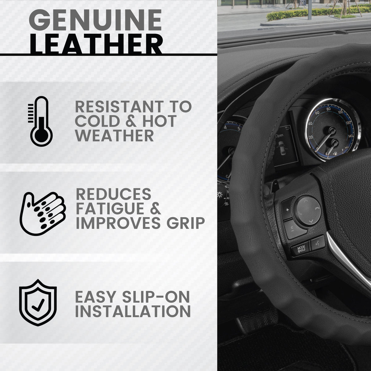 BDK Large Genuine Leather Ergonomic Non-Slip Grip Steering Wheel Cover (Fits 15.5" - 16")