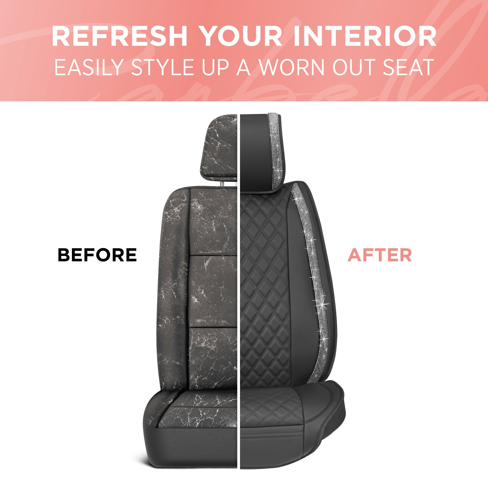 BlingStitch™ Car Seat Covers for Front Seats - Luxurious Vegan Leather Seat Covers for Cars with Black Bling Crystals, Premium Automotive Seat Covers for SUV, Trucks, Car Bling Luxury