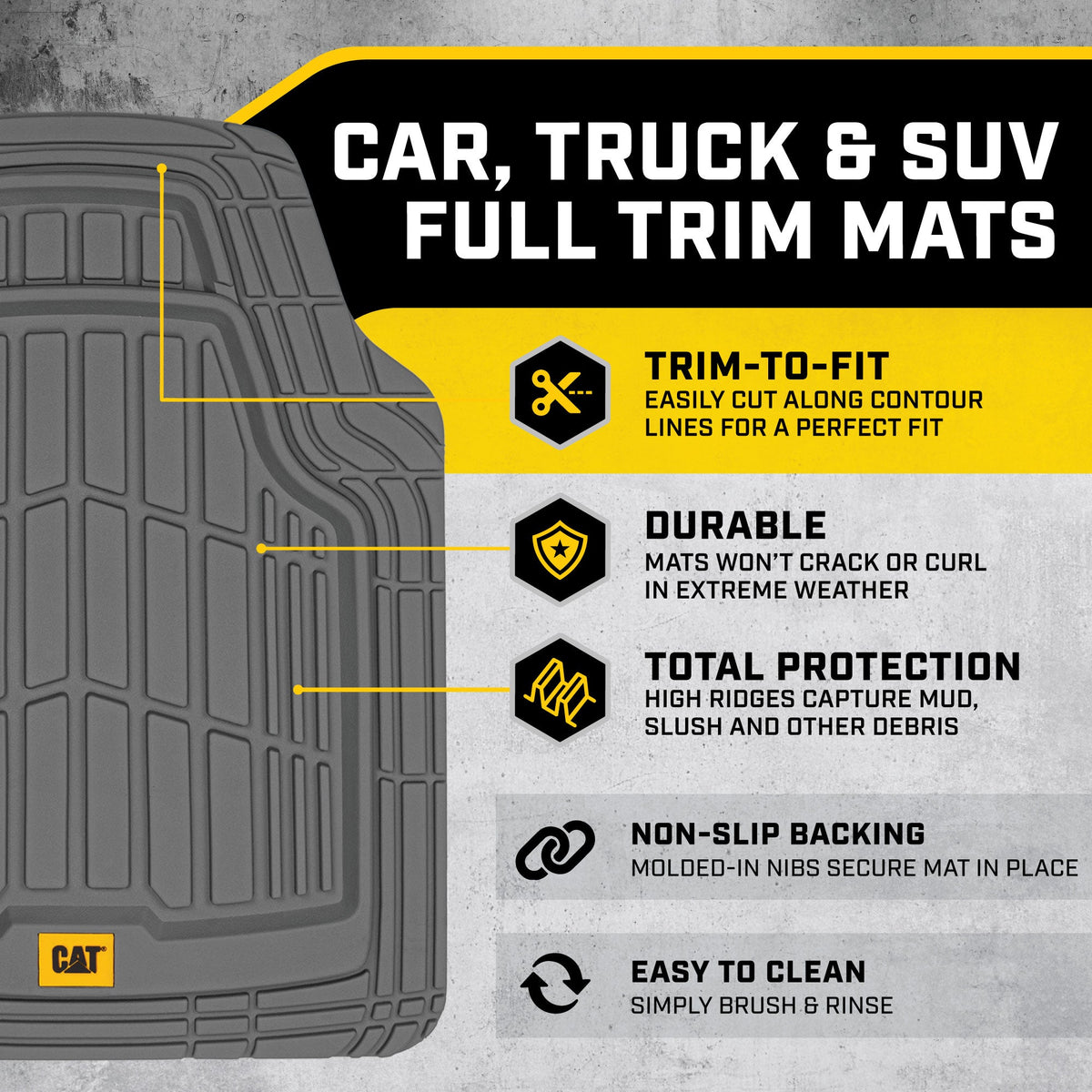 CAT 3-Piece ToughRide Rubber Front Floor Mats and Rear Floor Mats - Heavy Duty, All Weather, Trim to Fit