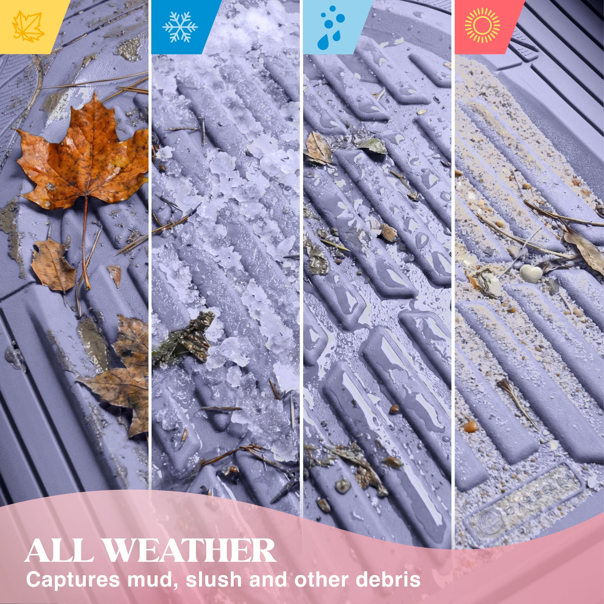 Carbella 3-Piece Front Floor Mats and Rear Floor Mats - Heavy Duty Deep Dish - Lavender